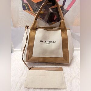 BALENCIAGA Cabas White Canvas Tote w/ Pouch Caramel Brown Leather Trim